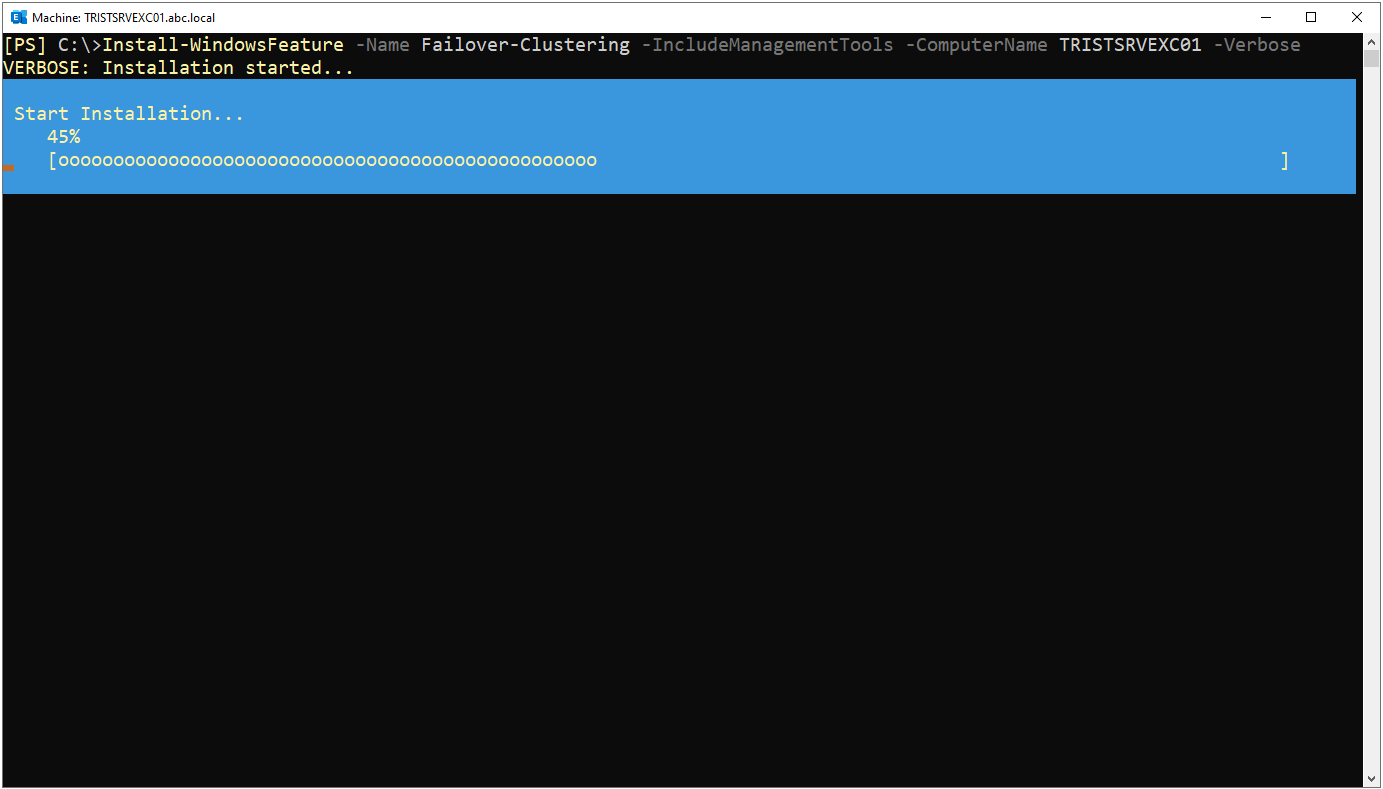TRISTSRVEXC01 üzerinde Failover Clustering kurulumunun yüzde 45 ilerlemesi