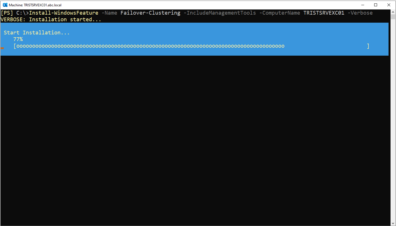 TRISTSRVEXC01 üzerinde Failover Clustering kurulumunun yüzde 77 ilerlemesi