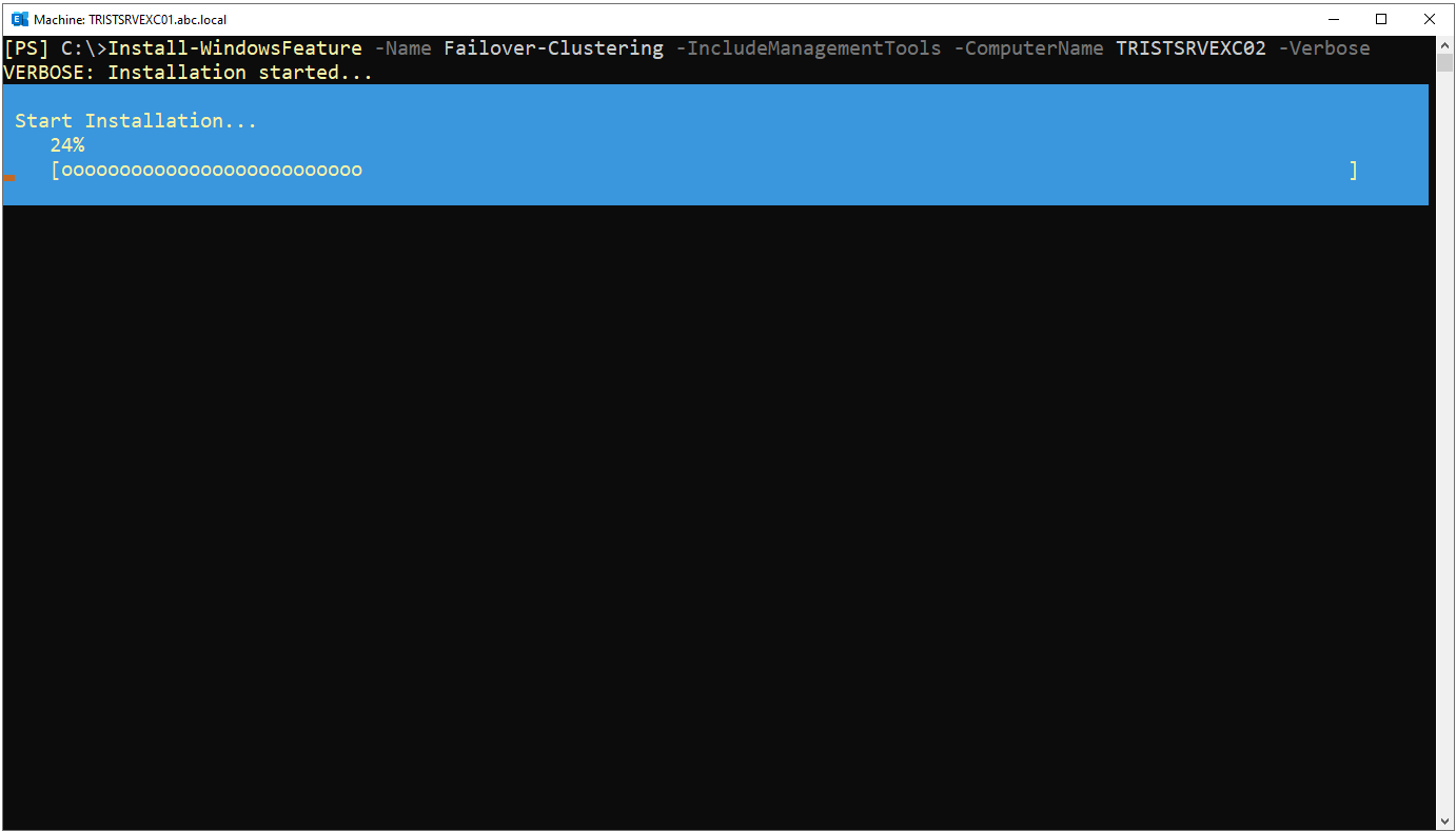 TRISTSRVEXC02 üzerinde Failover Clustering kurulumunun yüzde 24 ilerlemesi