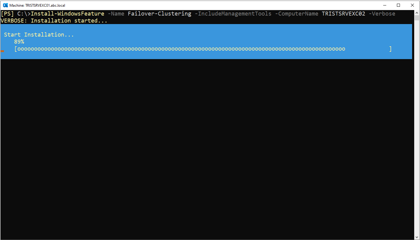 TRISTSRVEXC02 üzerinde Failover Clustering kurulumunun yüzde 89 ilerlemesi