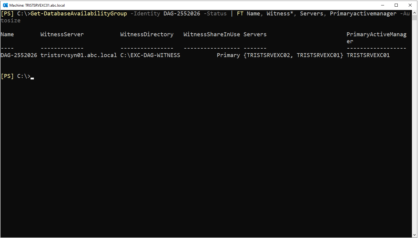 İki üye eklendikten sonra DAG durumu, WitnessShareInUse Primary ve PrimaryActiveManager TRISTSRVEXC01