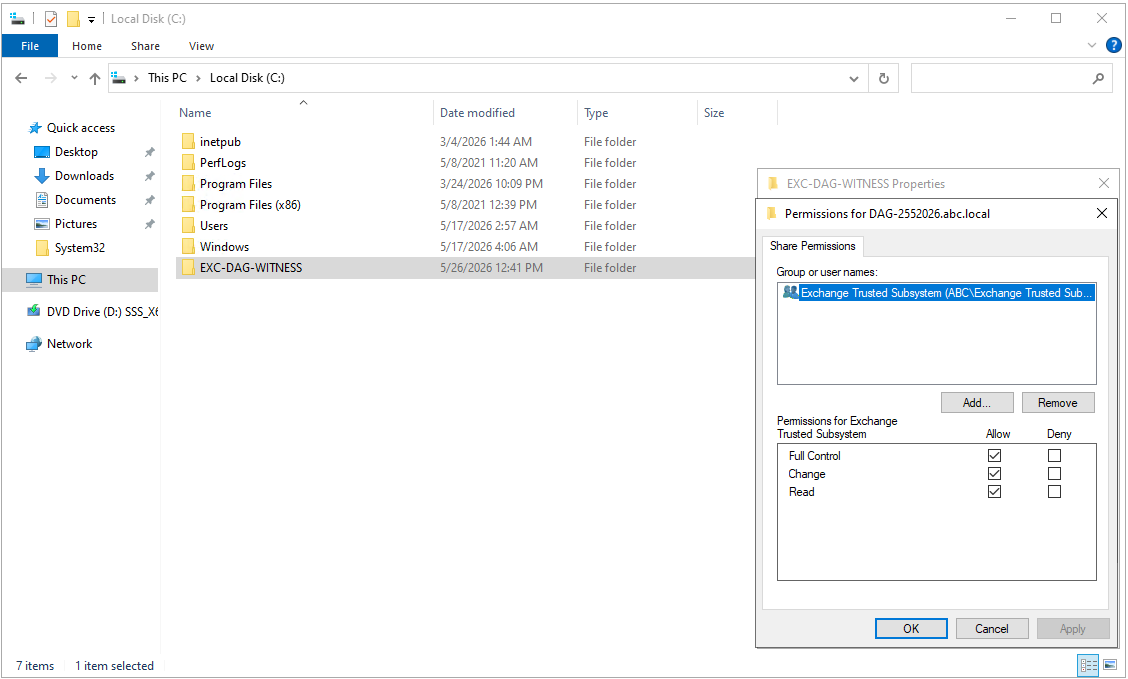 DAG-2552026.abc.local paylaşımında Exchange Trusted Subsystem grubuna Full Control verilmesi