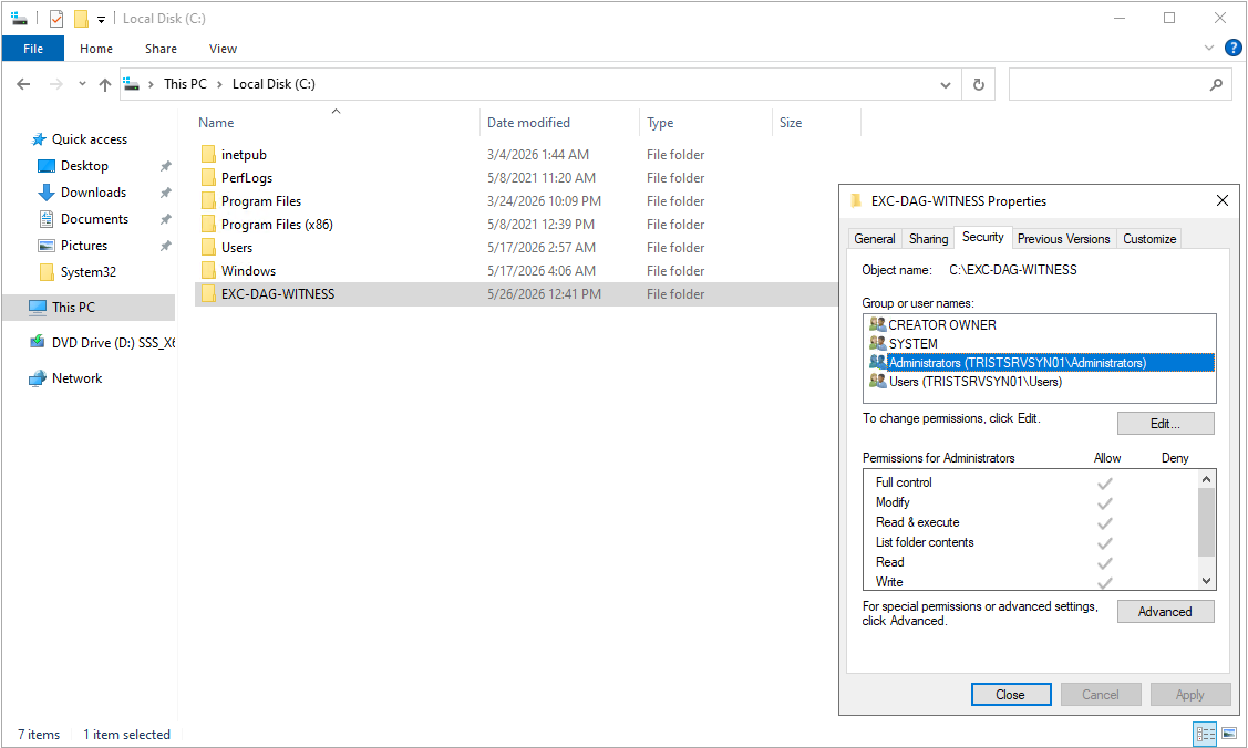 C:\EXC-DAG-WITNESS dizininin NTFS izinlerinde ayrı bir Exchange Trusted Subsystem girdisinin bulunmaması