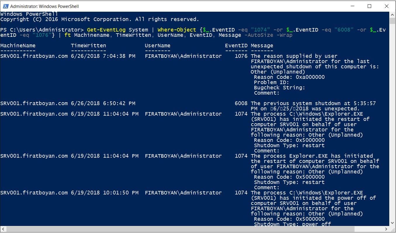 Код события 20. Код event log перезагрузки. Get-EVENTLOG POWERSHELL примеры.