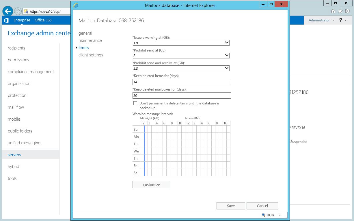 Exchange Server 2016 Mailbox Boyutu Yapılandırması