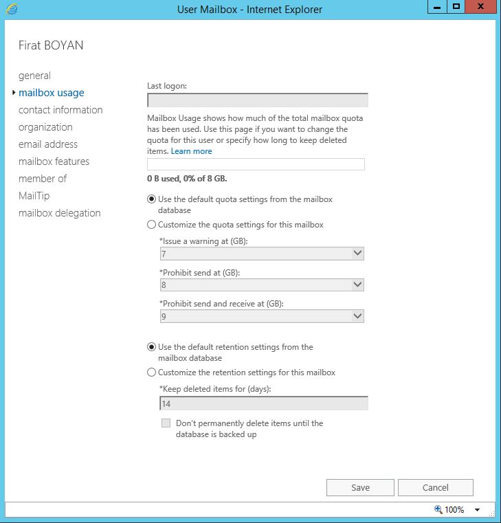 Exchange Server 2016 User Mailbox Boyutu Yapılandırması