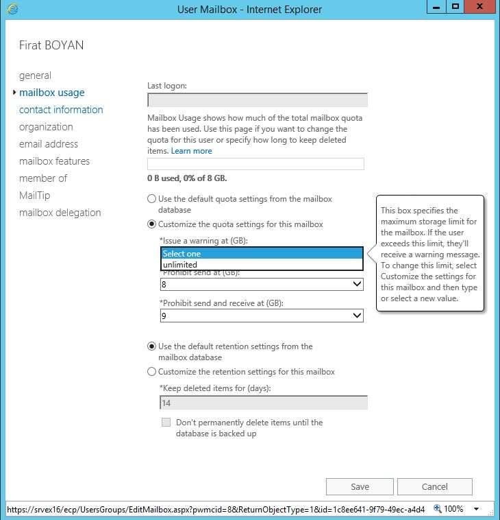 Exchange Server 2016 User Mailbox Boyutu Yapılandırması