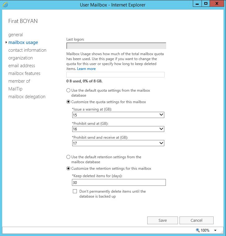 Exchange Server 2016 User Mailbox Boyutu Yapılandırması