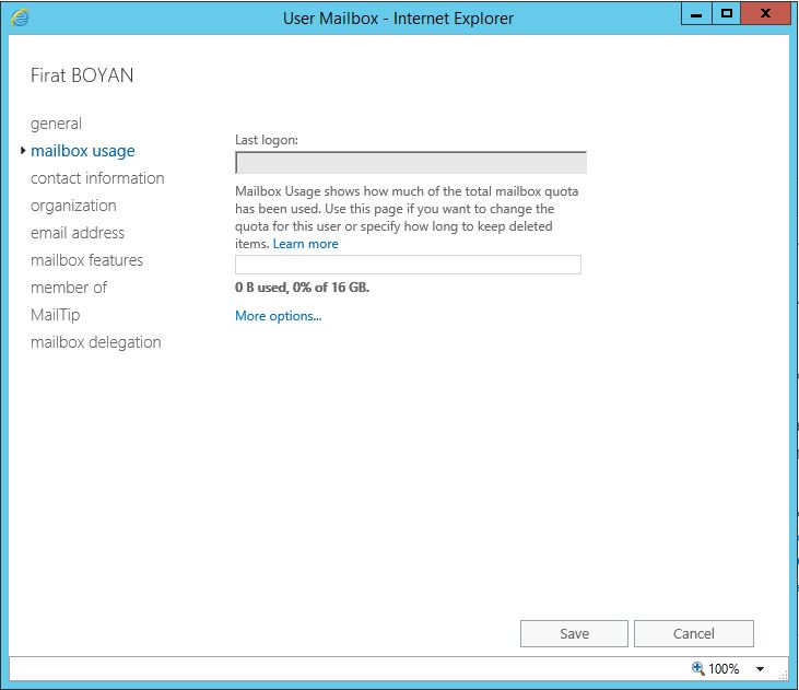 Exchange Server 2016 User Mailbox Boyutu Yapılandırması