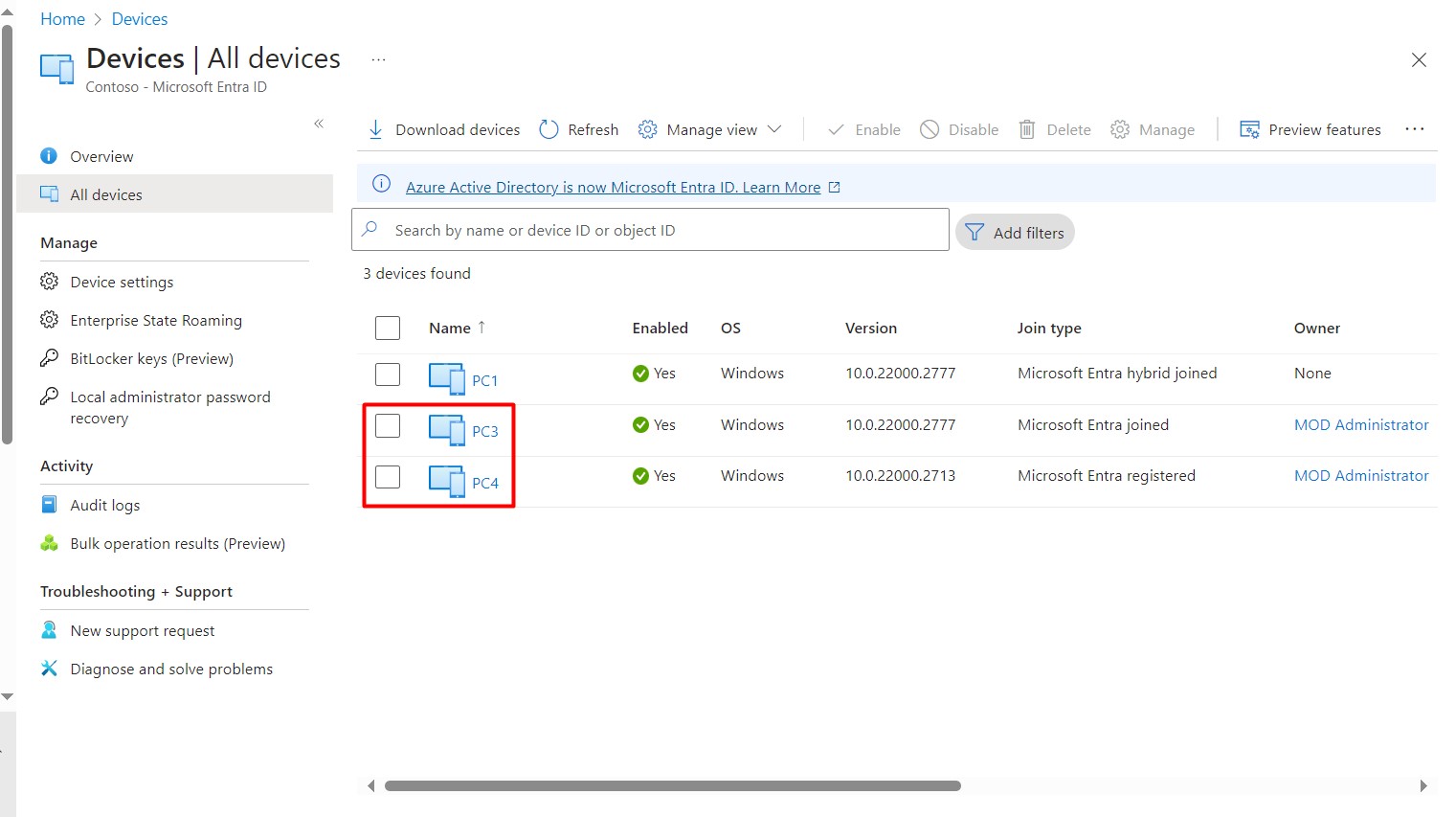 Microsoft Entra ID All devices listesinde Hostname değişikliği öncesi PC3 Entra Joined ve PC4 Entra Registered cihazlar