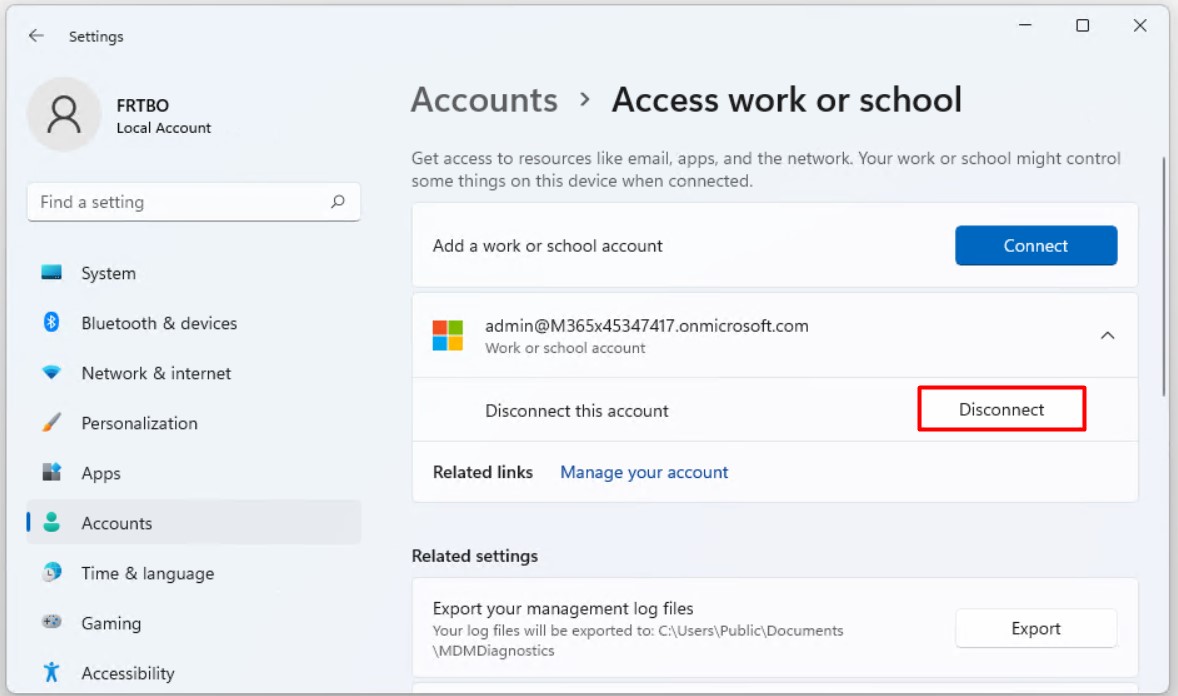 Access work or school ekranında Work Account için Disconnect seçeneği