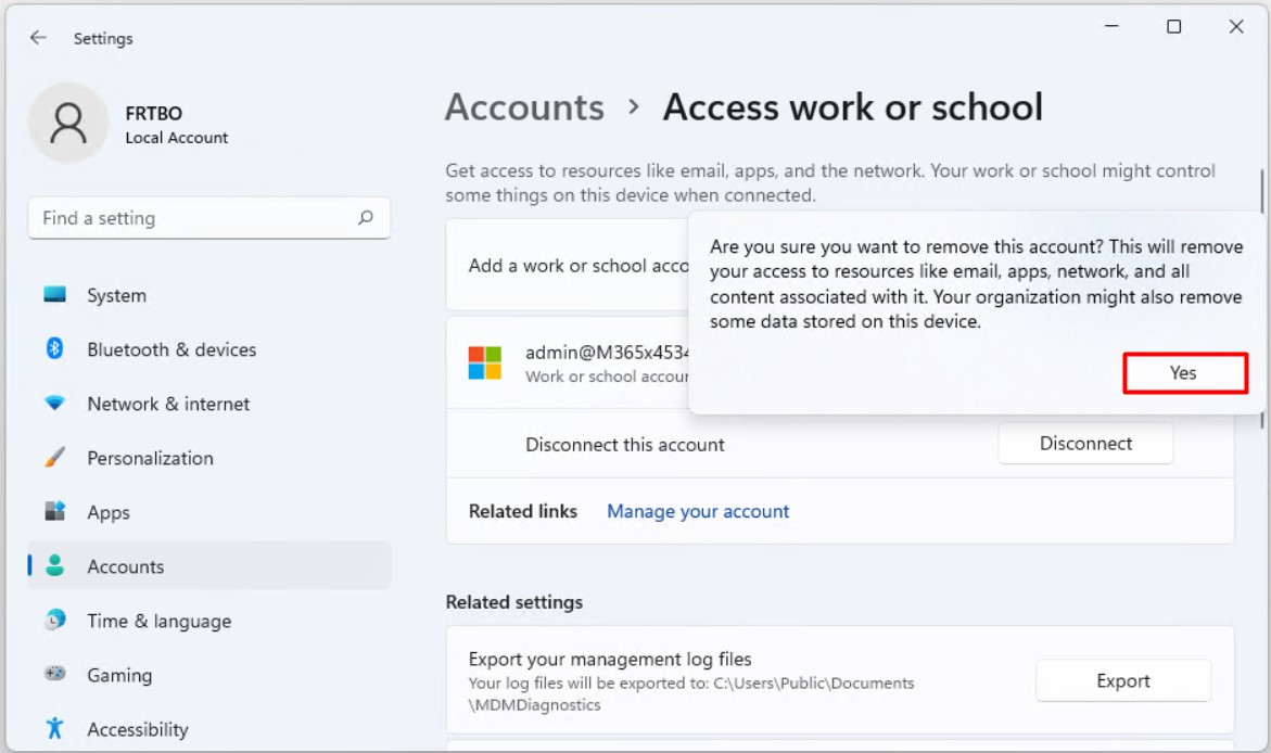 Work Account kaldırma işlemi için Windows onay penceresi