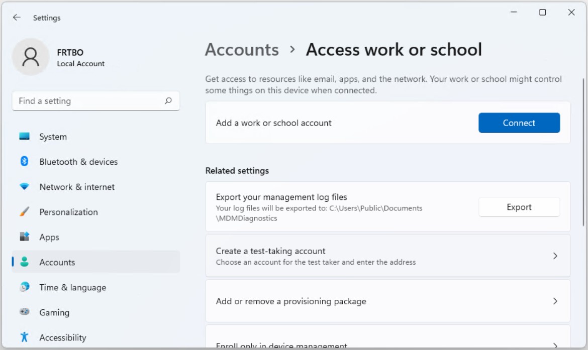Work Account kaldırıldıktan sonra boş Access work or school ekranı