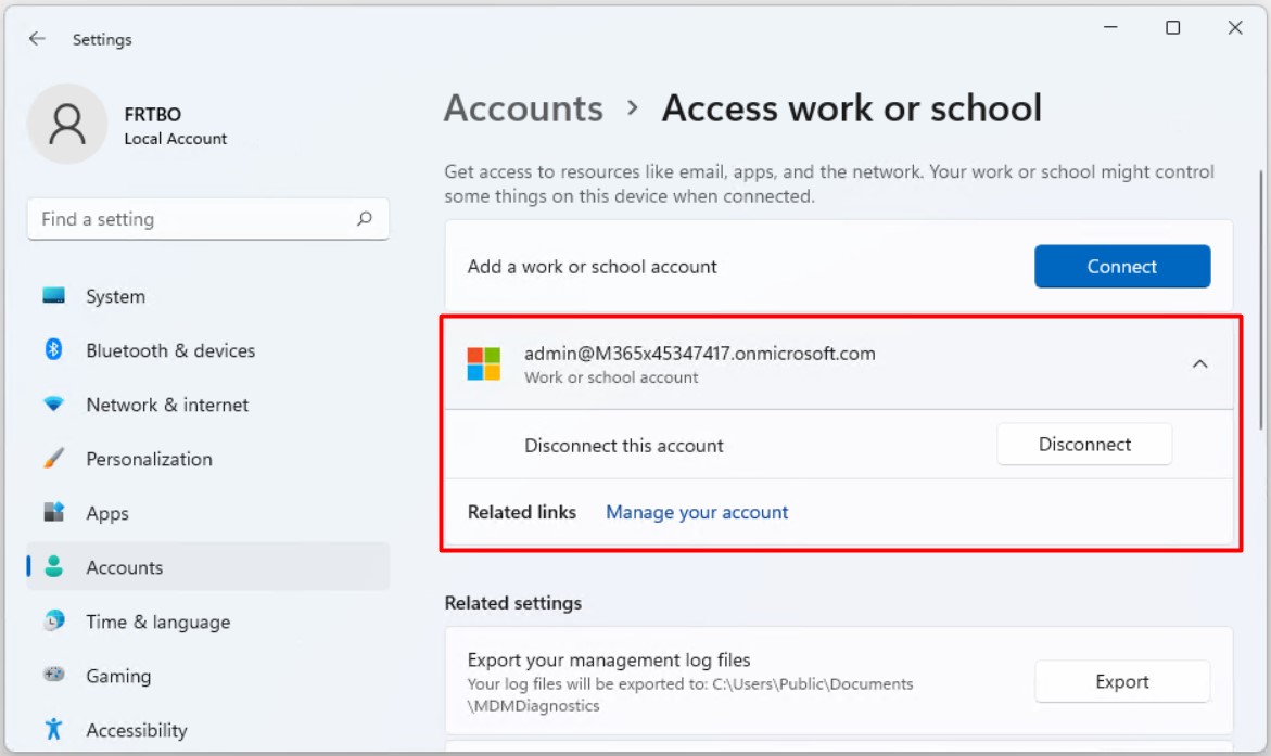 Access work or school ekranında Work Account eklemek için Connect seçeneği