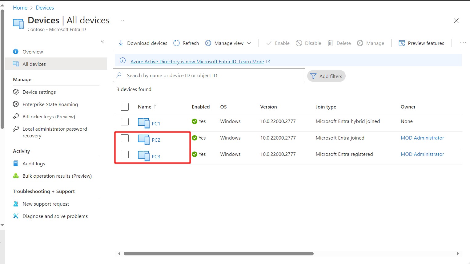 Hostname değişikliği sonrası Microsoft Entra ID'de PC2 Entra Joined ve yeniden oluşan PC3 Entra Registered cihazların son durumu