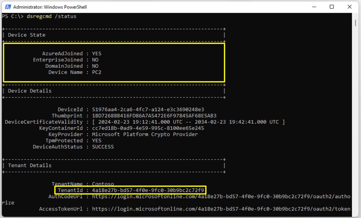 dsregcmd /status çıktısında AzureAdJoined YES, Device Name PC2 ve TenantId değerleri