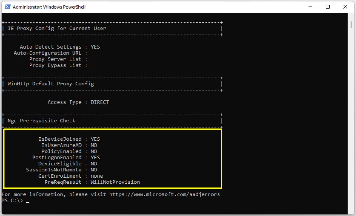 dsregcmd /status çıktısında Ngc Prerequisite Check bölümü ve IsDeviceJoined YES değeri