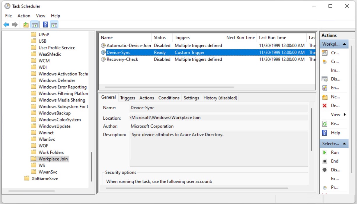 Task Scheduler Workplace Join klasöründe Device-Sync görevi