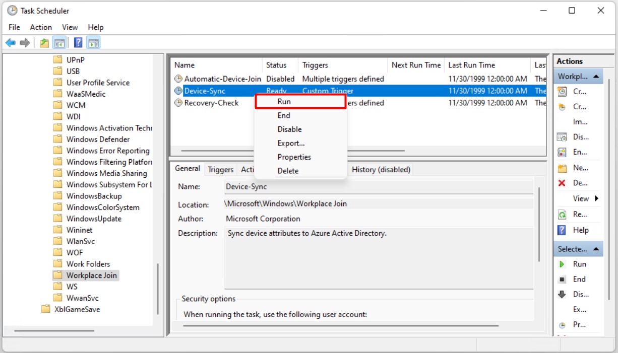 Task Scheduler'da Device-Sync görevinin Run ile elle çalıştırılması