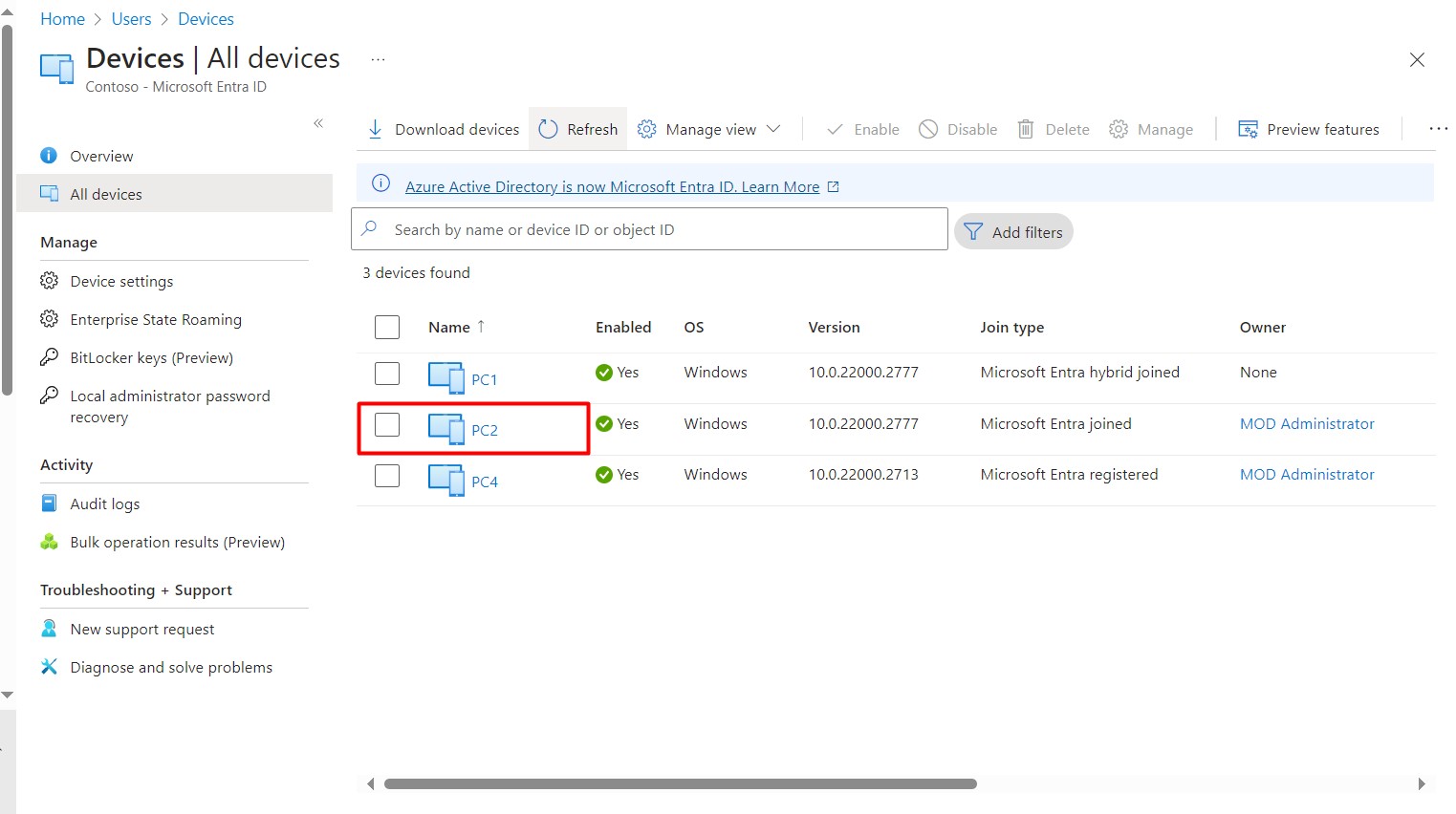 Device-Sync sonrası Microsoft Entra ID'de PC2 olarak güncellenen Entra Joined cihaz
