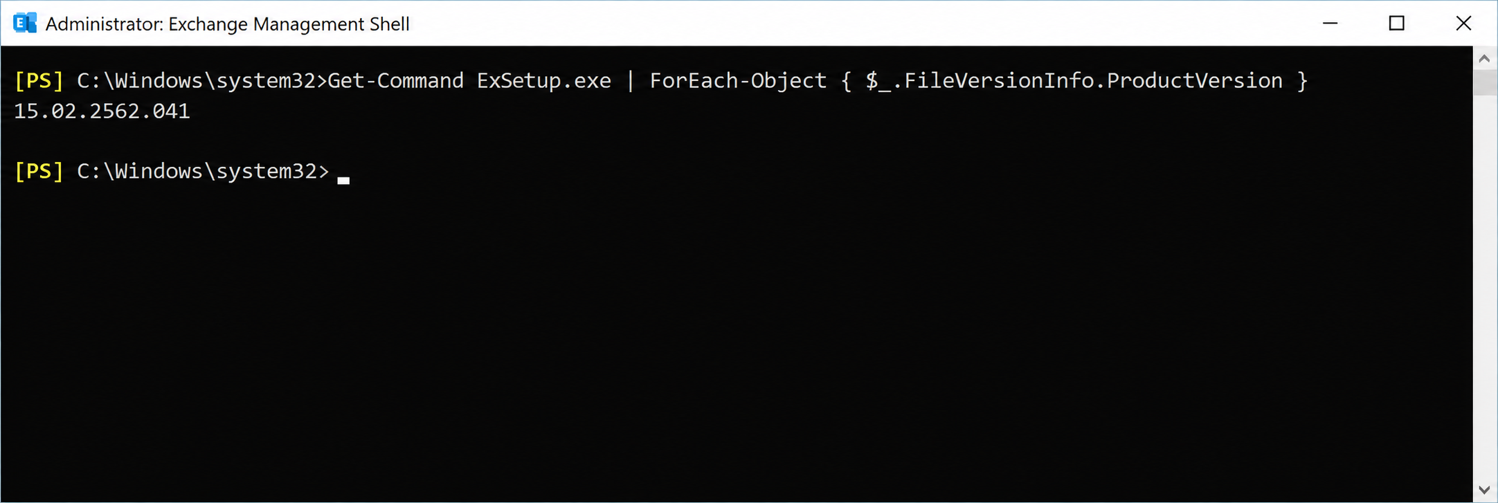 Exchange Management Shell'de ExSetup ile Exchange Server SE Build kontrolü