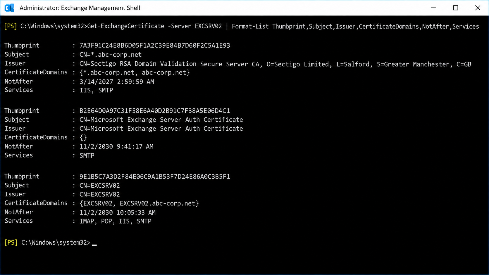 EXCSRV02 üzerinde aynı Thumbprint'e sahip Wildcard sertifika