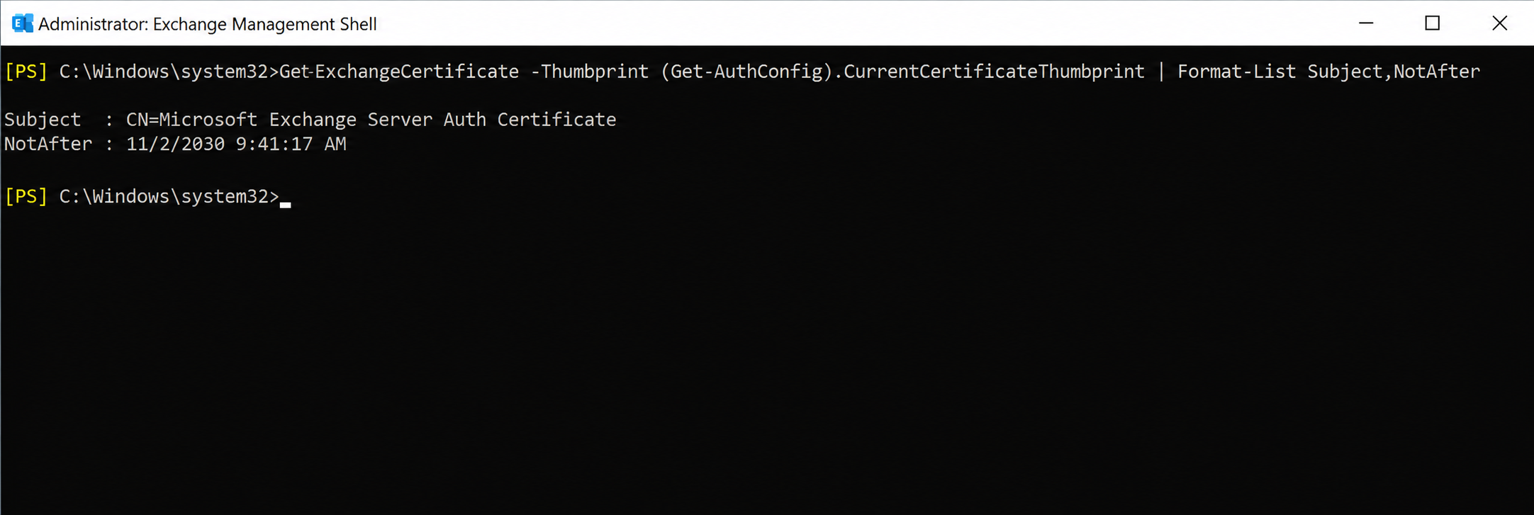 Get-AuthConfig ile aktif Exchange Auth Certificate kontrolü