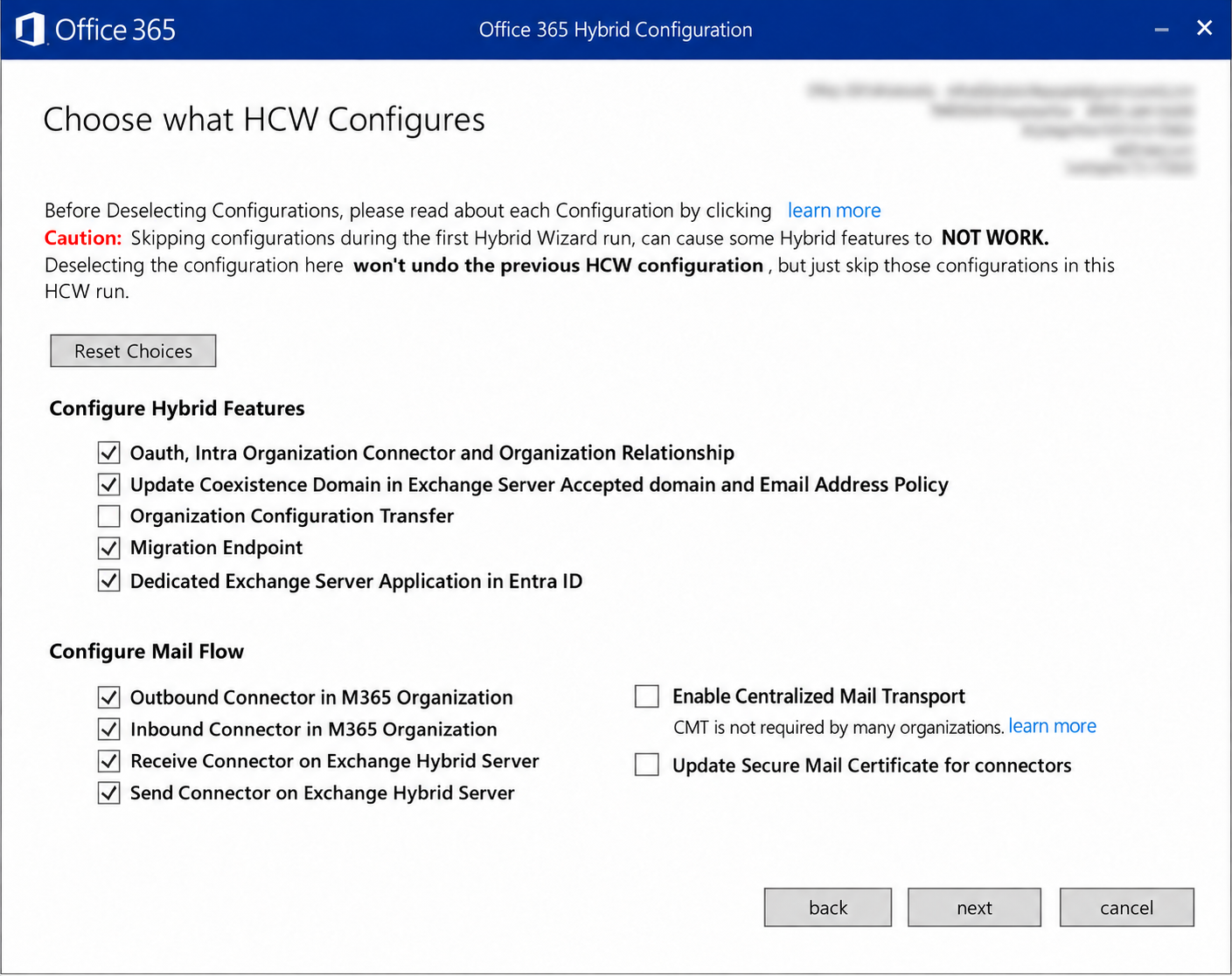 HCW Choose what HCW Configures ekranında Hybrid ve Mail Flow seçenekleri