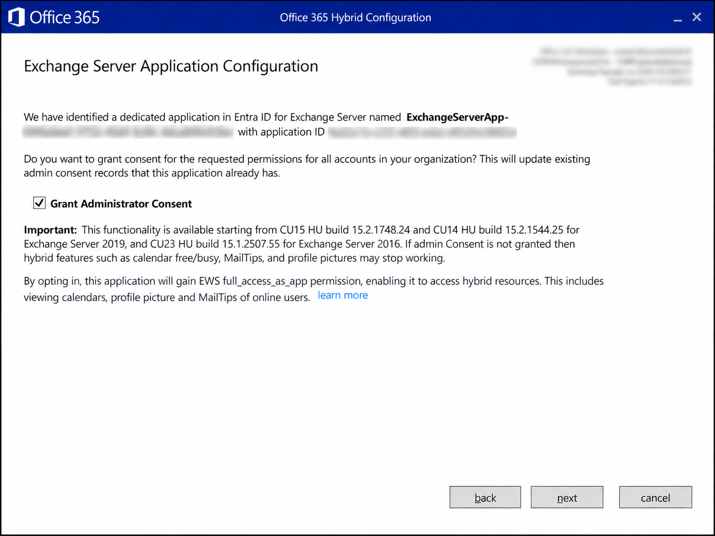 HCW Exchange Server Application Configuration ekranında Admin Consent onayı