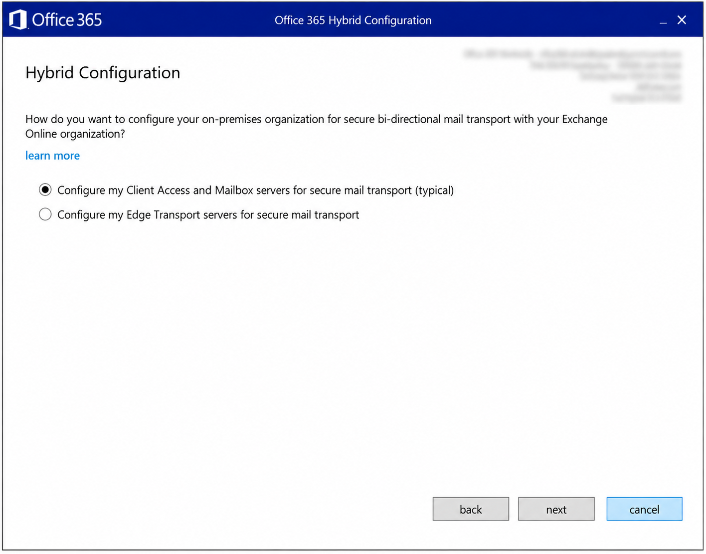HCW Hybrid Configuration ekranında Client Access ve Mailbox sunucu seçimi