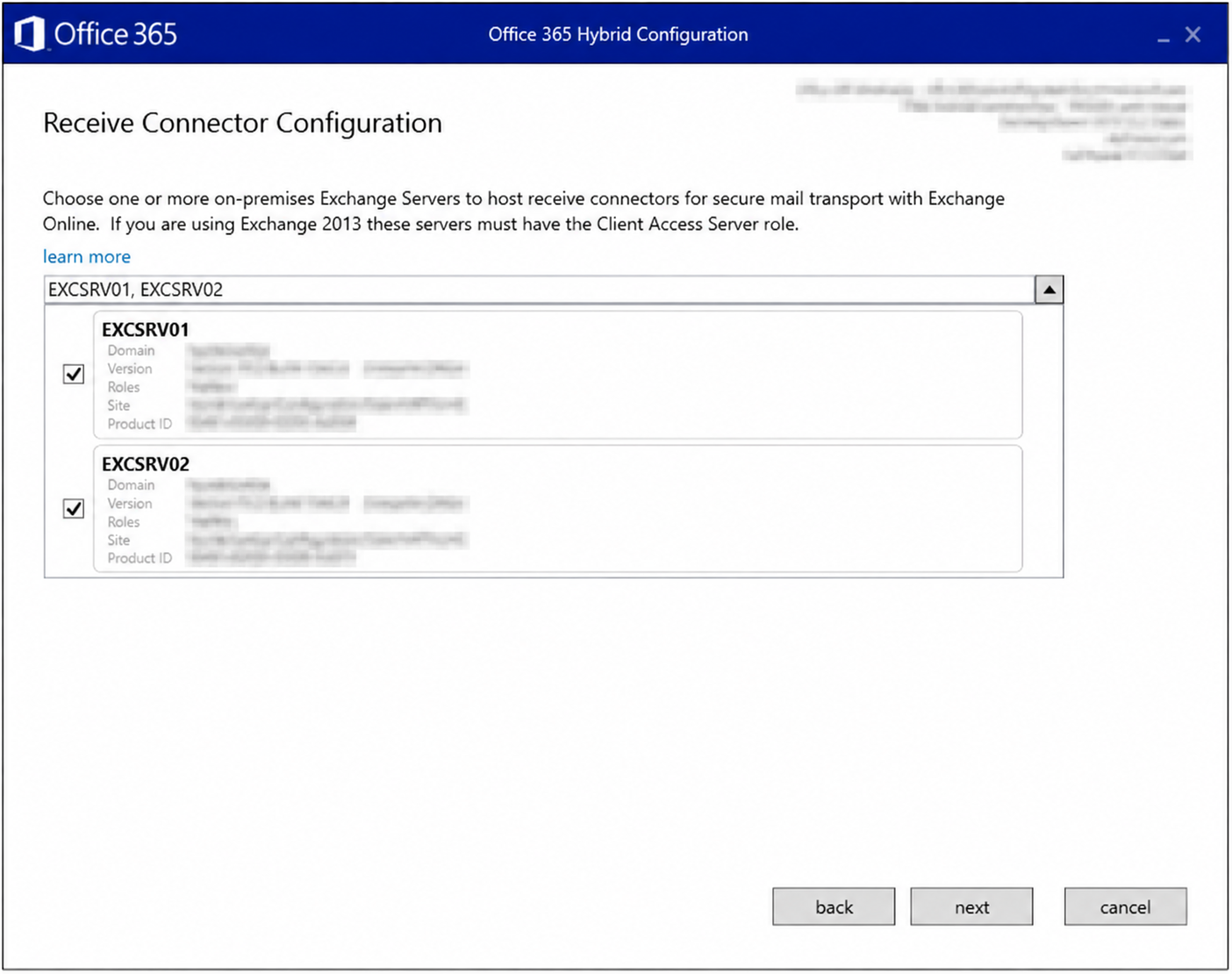 HCW Receive Connector Configuration ekranında Exchange sunucu seçimi