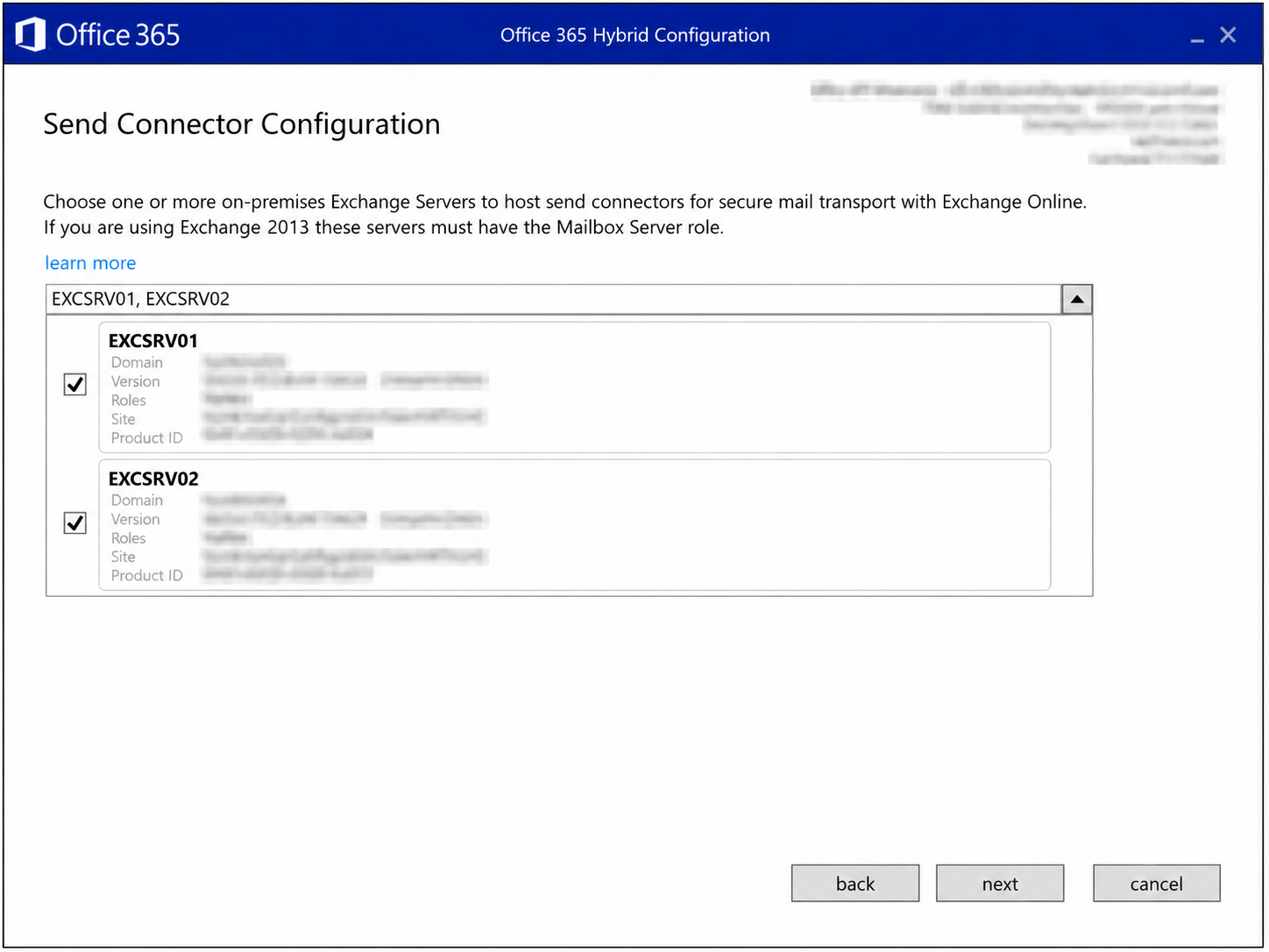 HCW Send Connector Configuration ekranında Exchange sunucu seçimi