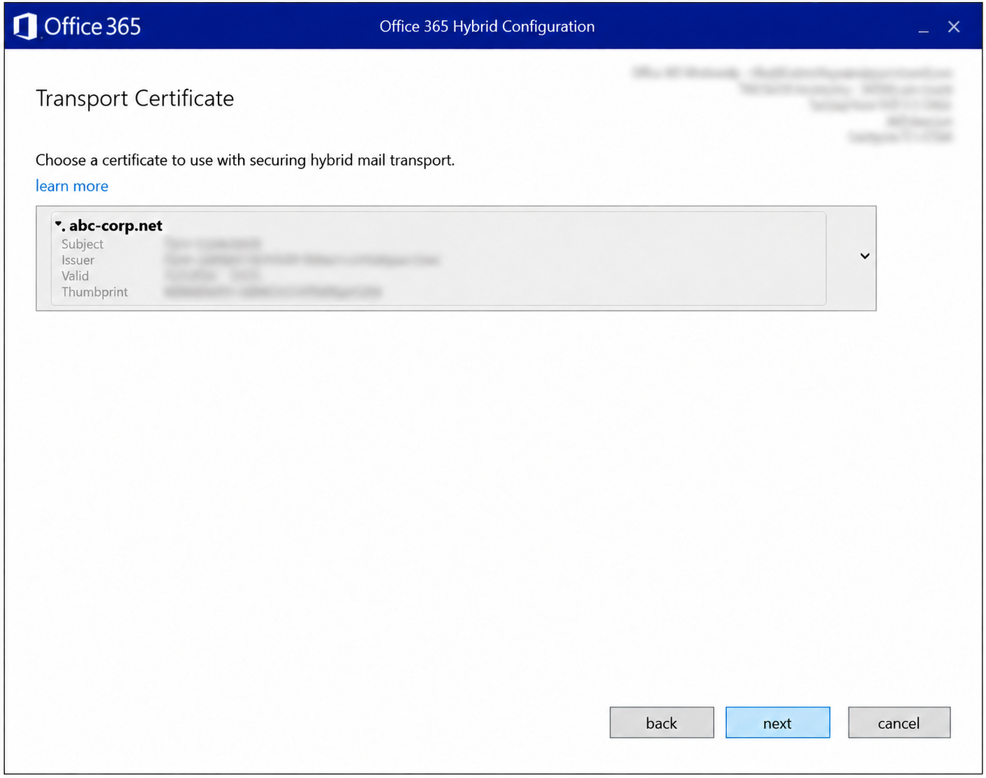 HCW Transport Certificate ekranında seçilen abc-corp.net sertifikası