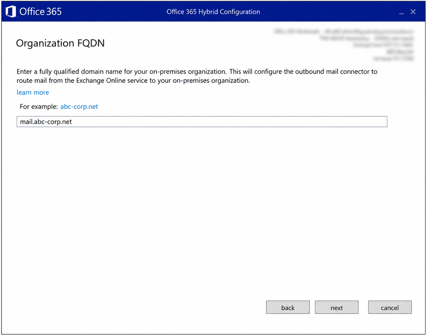 HCW Organization FQDN ekranında mail.abc-corp.net girişi