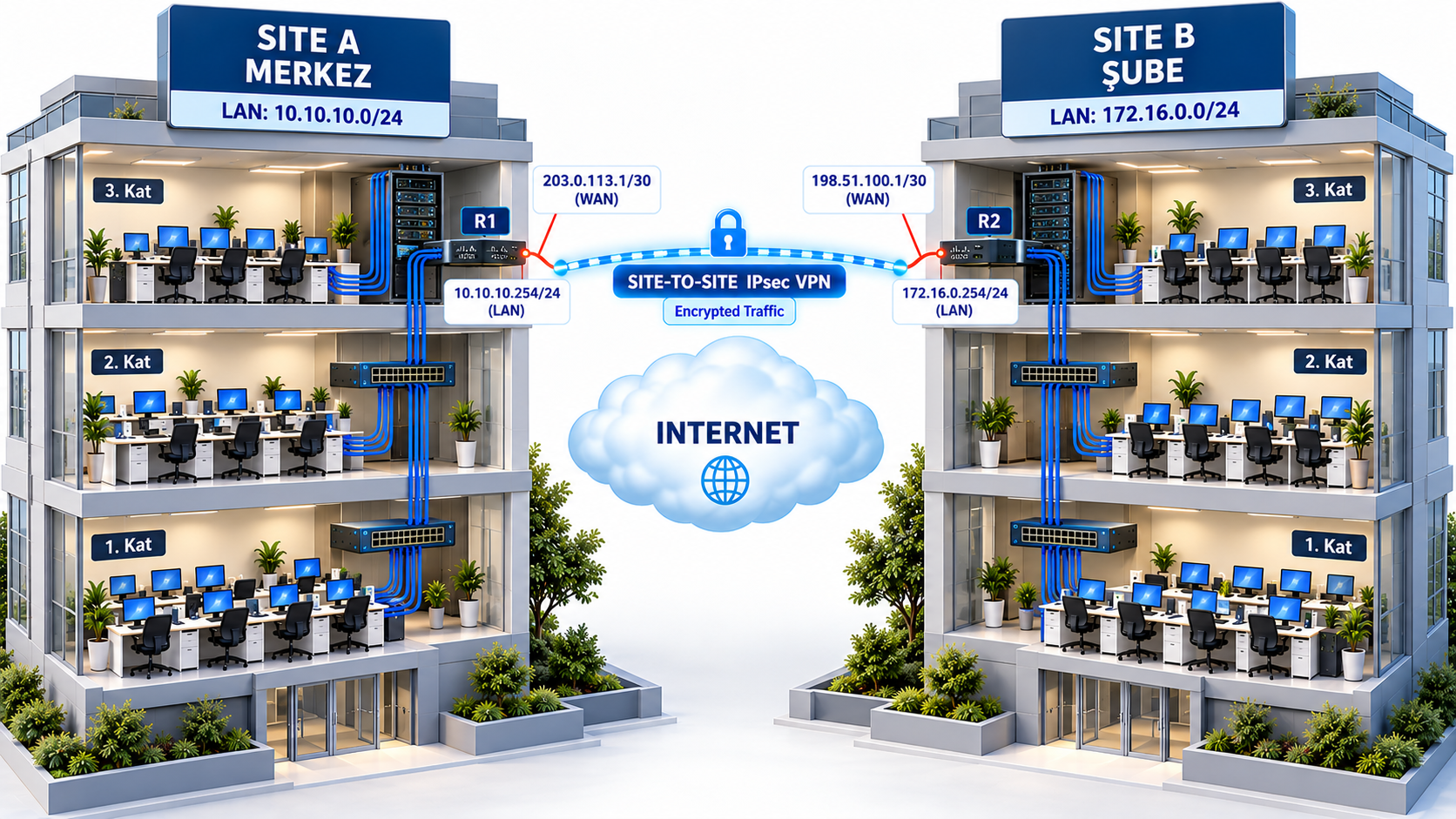 Merkez ve şube binaları arasında IPsec VPN