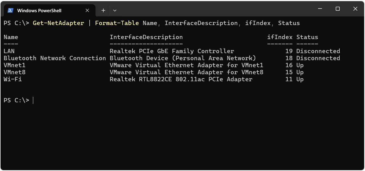 Get-NetAdapter çıktısında Wi-Fi Interface ifIndex 11