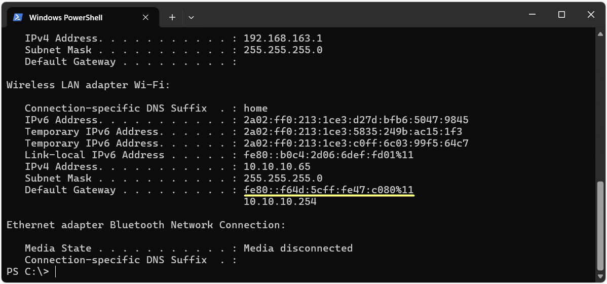 ipconfig çıktısında Wi-Fi Link-Local adresi ve IPv6 Default Gateway