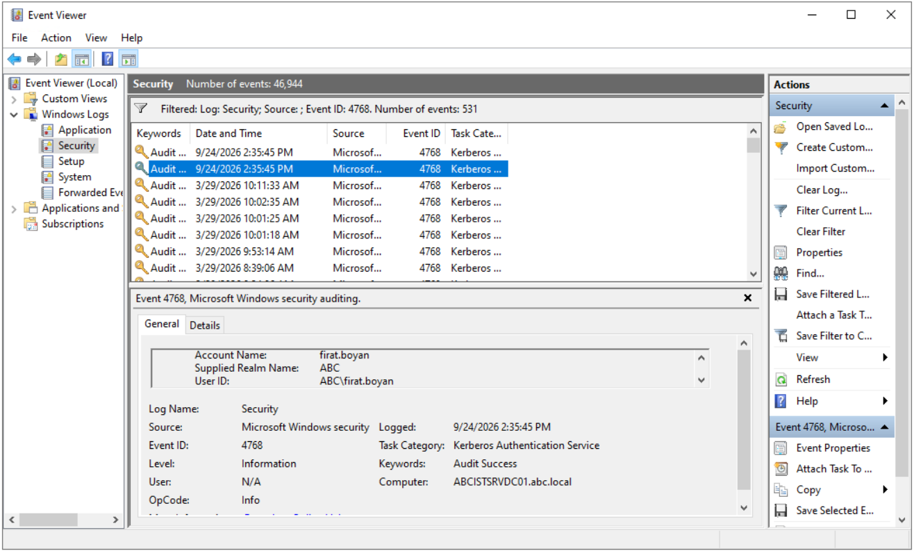 Domain Controller Security Log'unda TGT talebini gösteren Event ID 4768 kaydı