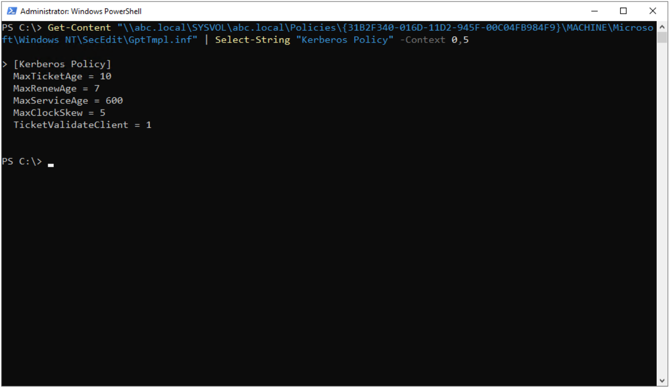 Domain Controller'da SYSVOL altındaki GptTmpl.inf dosyasından okunan Kerberos Policy değerleri