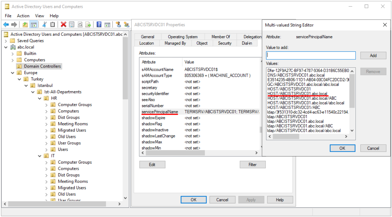 Active Directory Users and Computers Attribute Editor sekmesinde ABCISTSRVDC01 sunucusunun servicePrincipalName değerleri ve HOST SPN kaydı