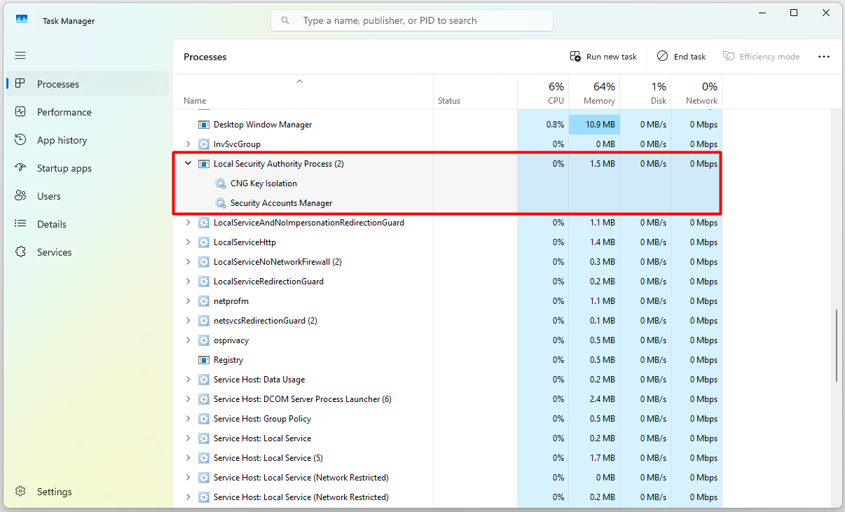 Windows 11 Task Manager Processes sekmesinde Local Security Authority Process ve altındaki CNG Key Isolation ile Security Accounts Manager servisleri