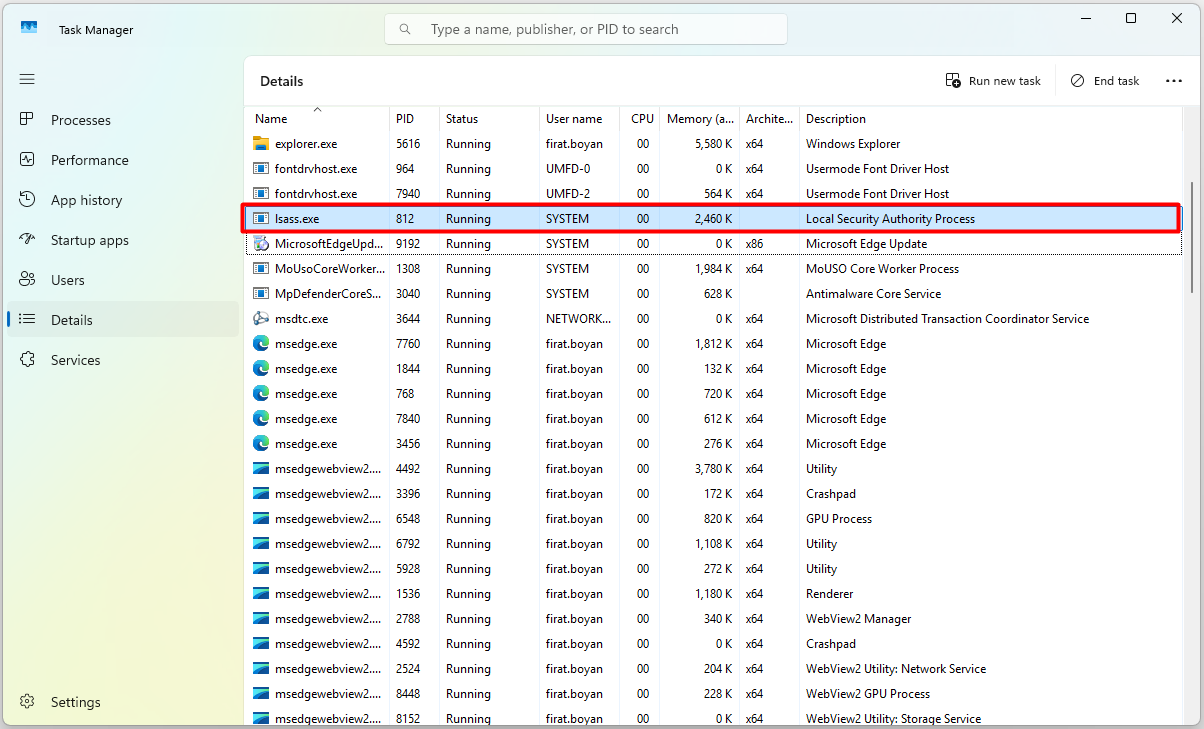 Windows 11 Task Manager Details sekmesinde lsass.exe, SYSTEM hesabı altında çalışan Local Security Authority Process