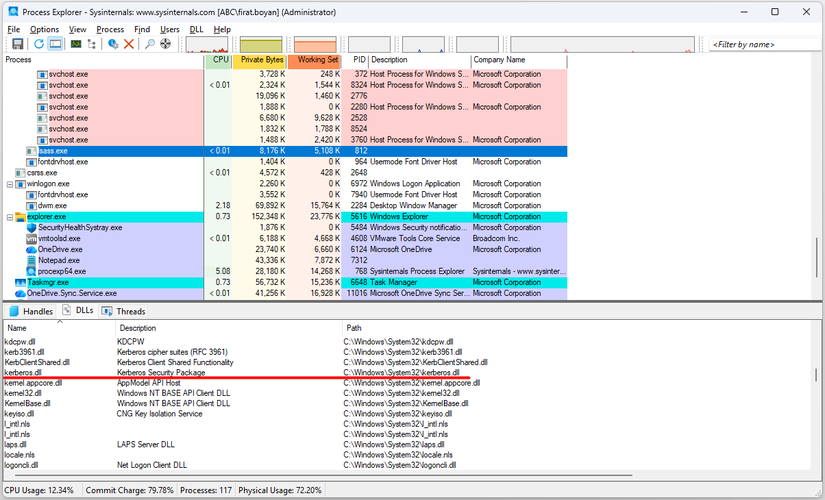 Process Explorer'da lsass.exe içine yüklü kerberos.dll modülü