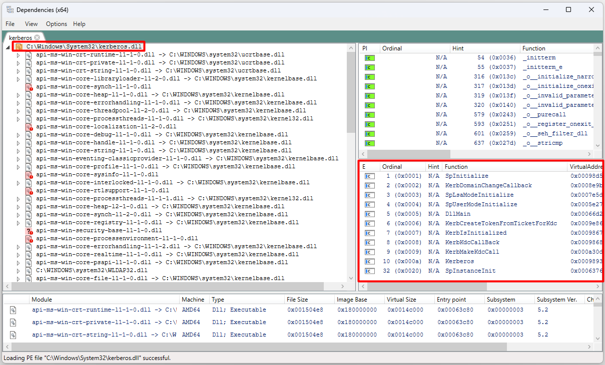 Dependencies aracında kerberos.dll dosyasının dışa açtığı Export fonksiyonları
