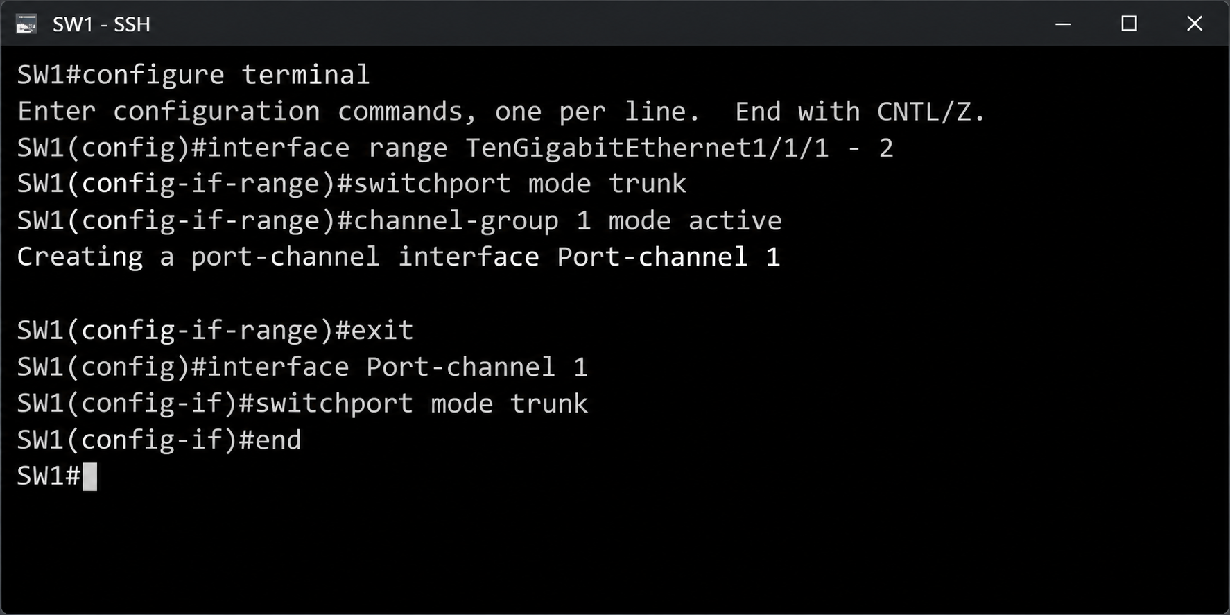 SW1 üzerinde TenGigabitEthernet1/1/1-2 için channel-group 1 mode active yapılandırması