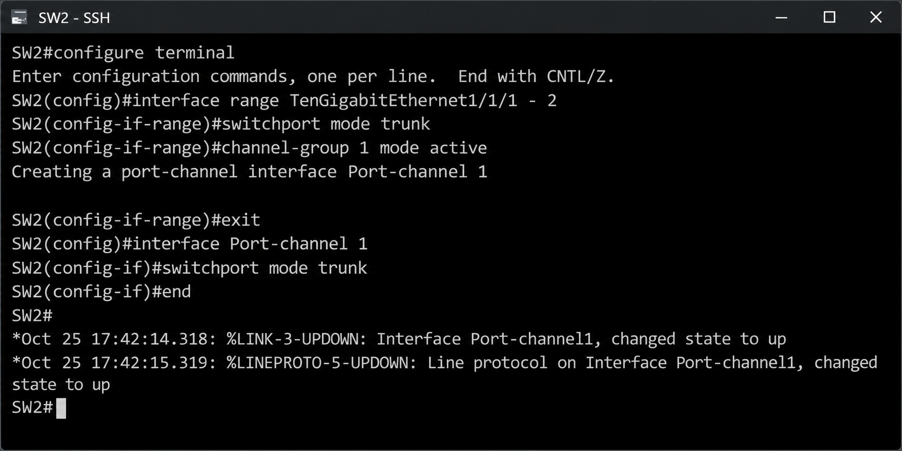 SW2 üzerinde Port-Channel 1 yapılandırması ve Port-channel1 Up Syslog mesajları