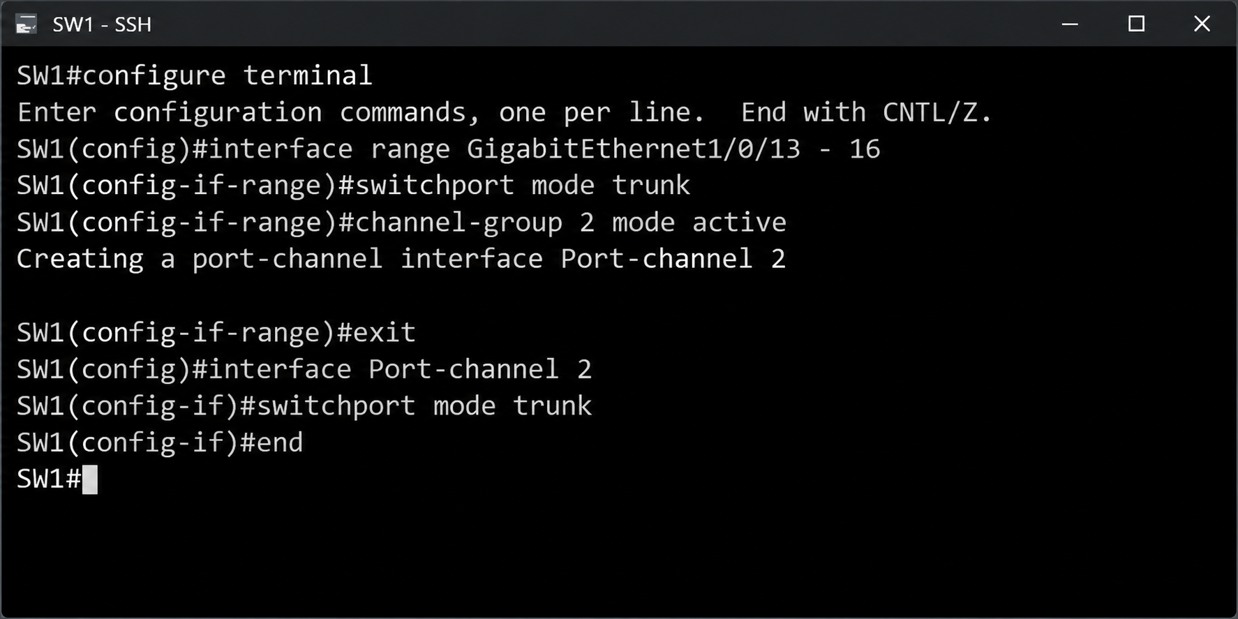 SW1 üzerinde GigabitEthernet1/0/13-16 için channel-group 2 mode active yapılandırması
