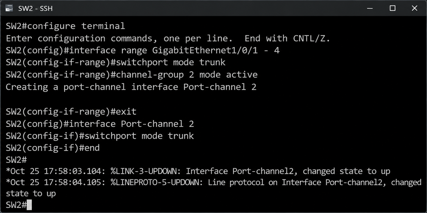 SW2 üzerinde Port-Channel 2 yapılandırması ve Port-channel2 Up Syslog mesajları