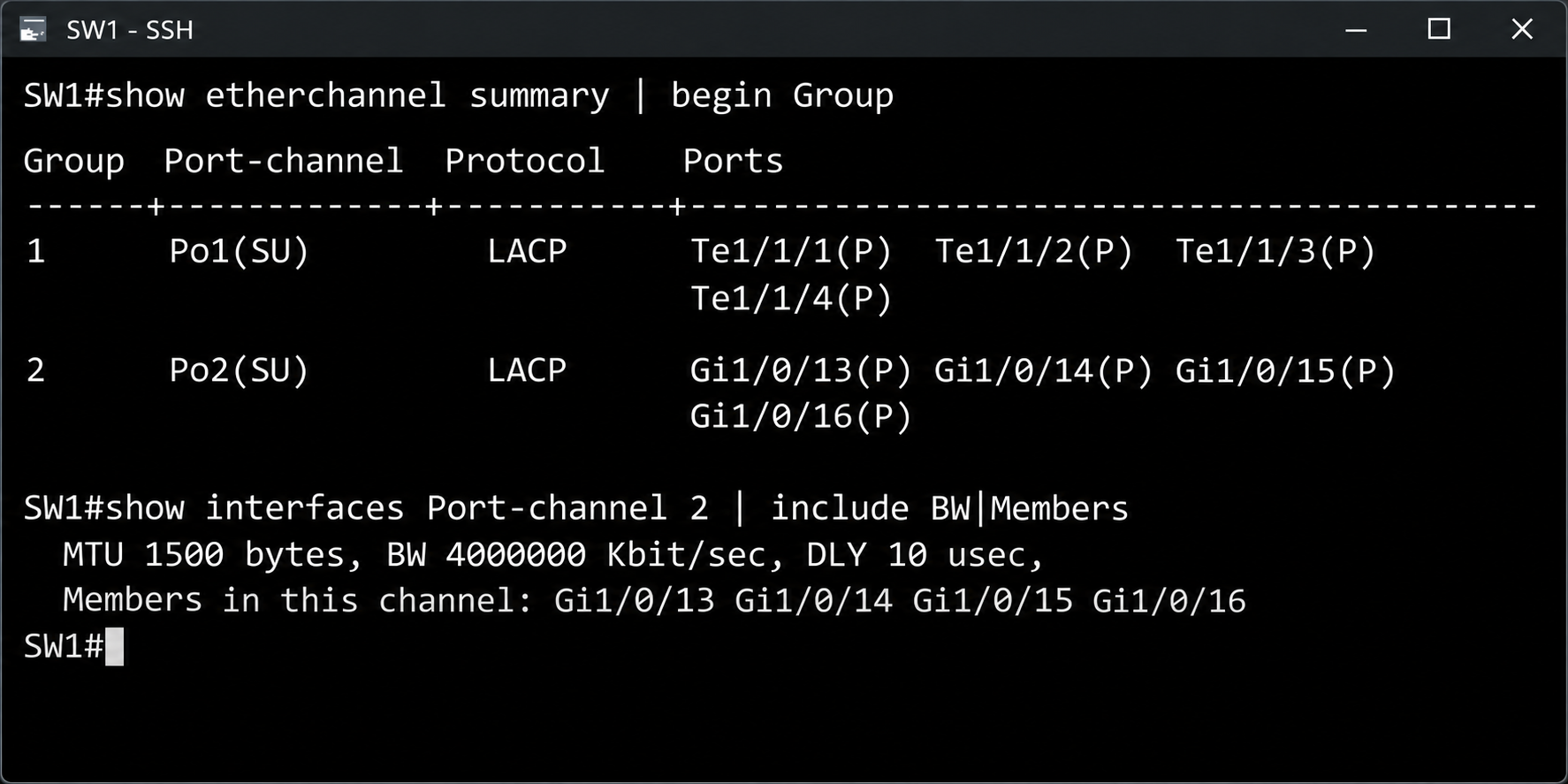 Po1 ve Po2 doğrulaması ile Port-Channel 2 için 4 Gbps BW değeri