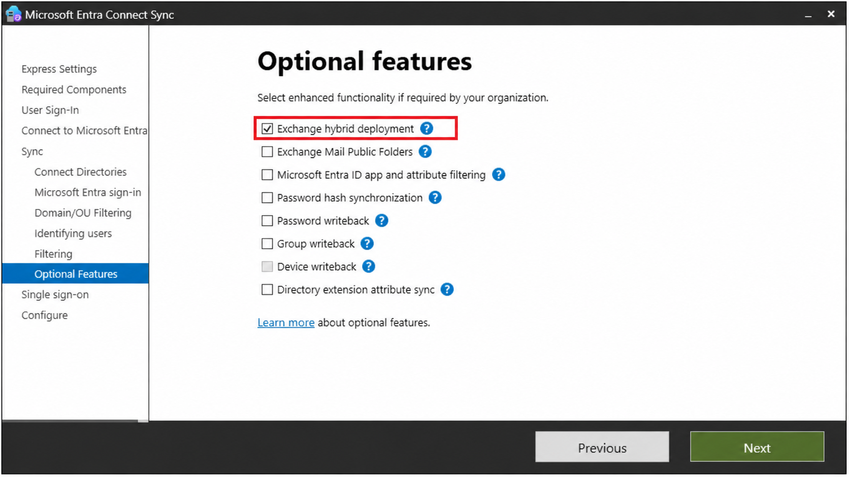 Microsoft Entra Connect Sync - Optional Features - Exchange Hybrid Deployment